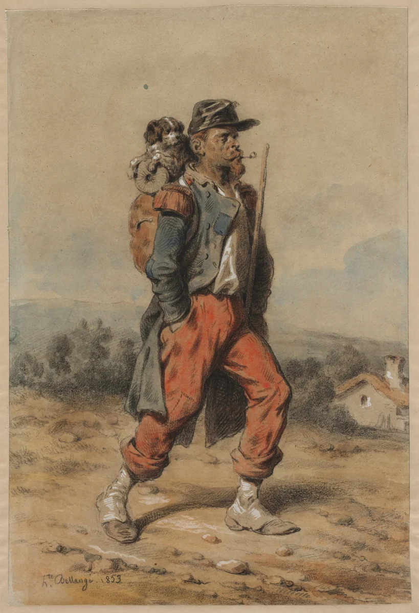 Soldier with Dog by Joseph-Louis-Hippolyte Bellangé, drawing, 1853