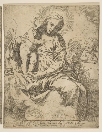 Madonna and Child seated on clouds and surrounded by angels, copy in reverse after Cantarini by Simone Cantarini, print, 1634-1644