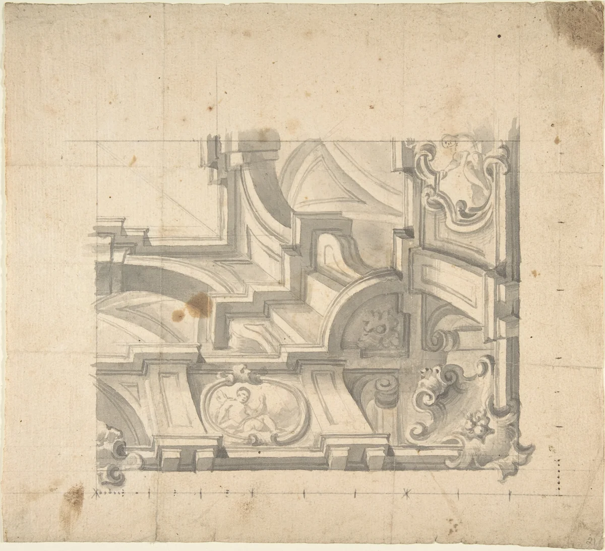 1/4 Design for a Painted Ceiling, architectural perspective by anonymous, drawing, 1700-1780