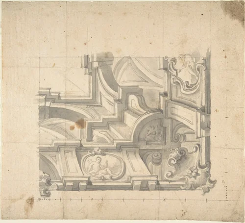 1/4 Design for a Painted Ceiling, architectural perspective by anonymous, drawing, 1700-1780