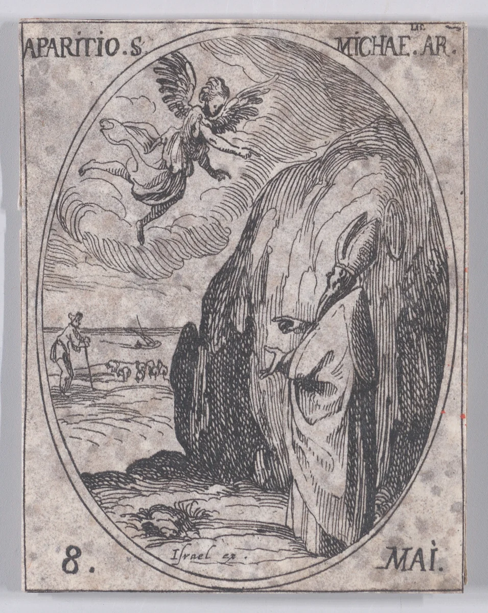 L'Apparition de S. Michel, archange (The Apparition of St. Michael, Archangel), May 8th, from "Les Images De Tous Les Saincts et Saintes de L'Année" (Images of All of the Saints and Religious Events of the Year) by Jacques Callot, print, 1636
