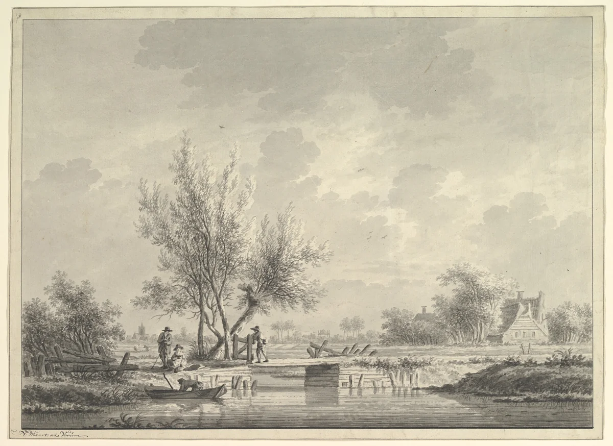 View of a Bridge in the Dutch Countryside with Figures by Nicolaas Wicart, drawing, 1765-1815