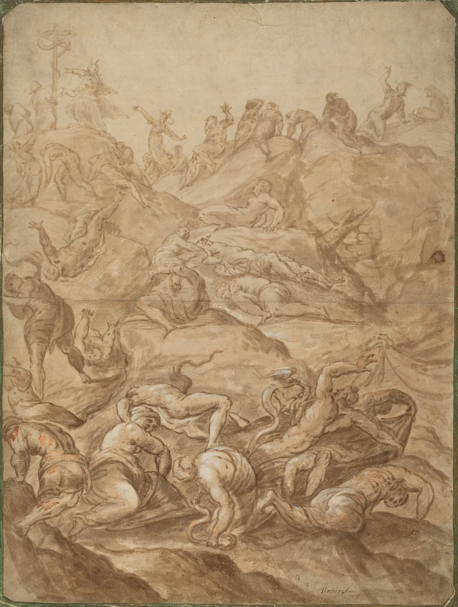The Brazen Serpent by Anonymous Artist; Jacopo Tintoretto, drawing, 1518-1594