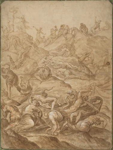 The Brazen Serpent by Anonymous Artist; Jacopo Tintoretto, drawing, 1518-1594