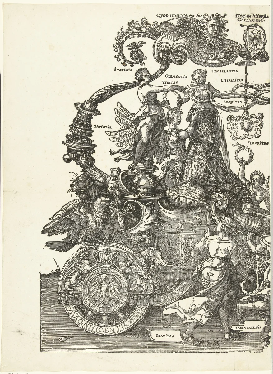 Triomfwagen van keizer Maximiliaan I by Hans Guldenmund, print, 1527-1529