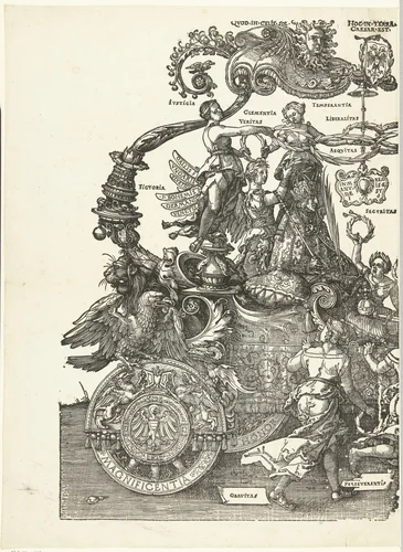 Triomfwagen van keizer Maximiliaan I by Hans Guldenmund, print, 1527-1529