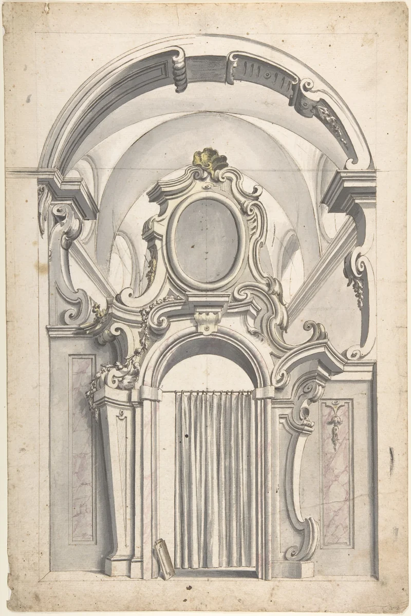 Design for an Elaborate Doorway with a Vaulted Ceiling Behind, and a Curtain Drawn Across the Opening by anonymous, drawing, 1700-1780