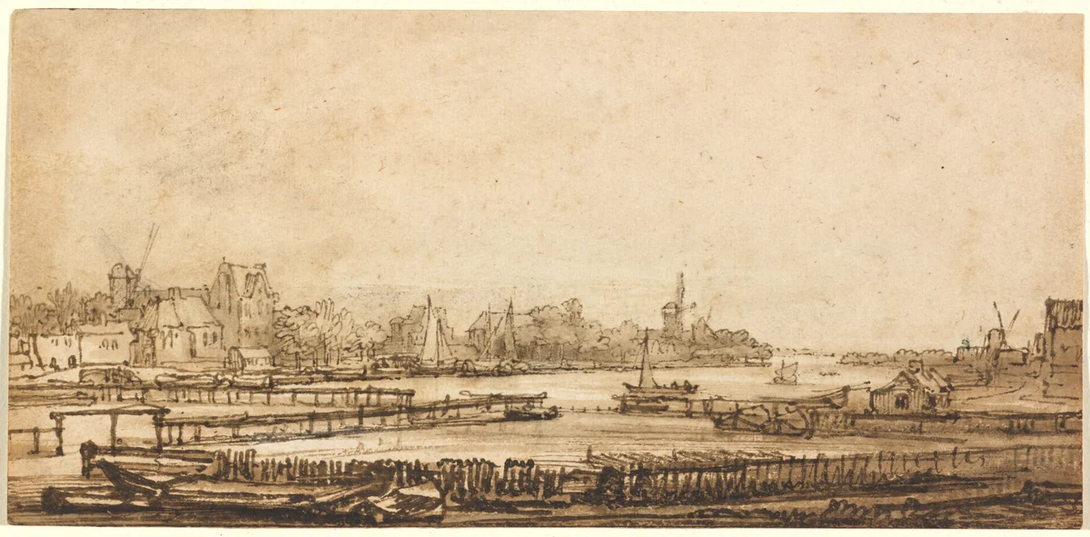 View over the Amstel from the Rampart by Rembrandt van Rijn, drawing, 1646-1650