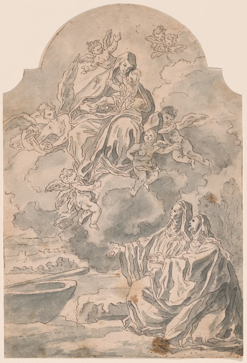 The Virgin and Child Appearing to Two Female Monastics by Neapolitan 17th Century, drawing, 1695-1705