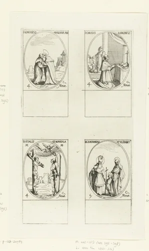 Heilige Emeric van Hongarije, Heilige Carolus Borromaeus, Heilige Vitalis en Heilige Agricola van Bologna, Heilige Zacharias en Heilige Elizabeth met de Heilige Johannes de Doper (4-5 november) by Jacques Callot, print, 1632-1636