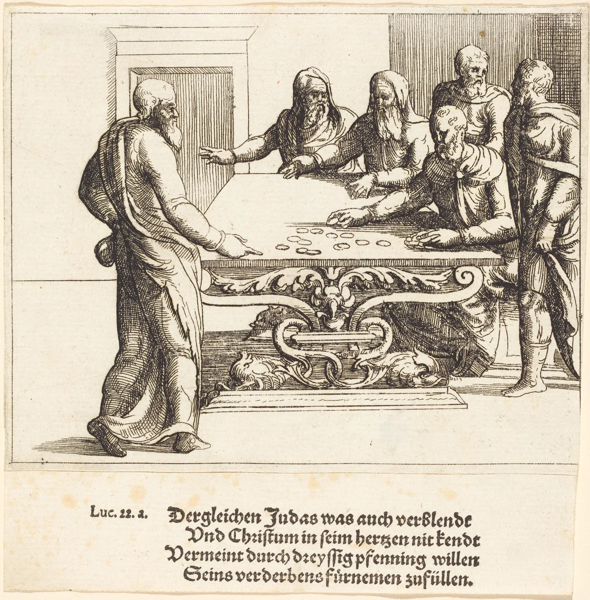 The Payment of Judas by Augustin Hirschvogel, print, 1503-1553