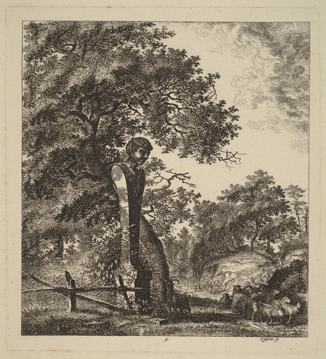 Wooded Landscape with a Herd of Goats and a Herm by Salomon Gessner, print, 1764