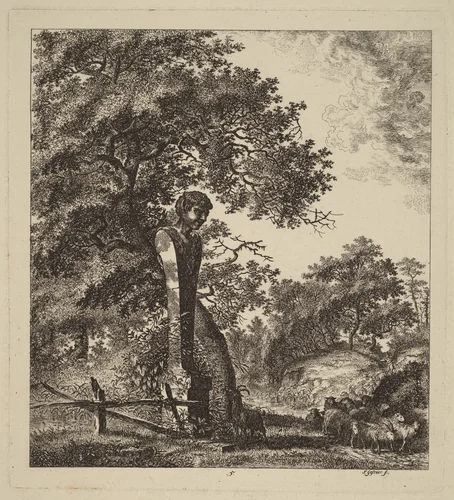 Wooded Landscape with a Herd of Goats and a Herm by Salomon Gessner, print, 1764