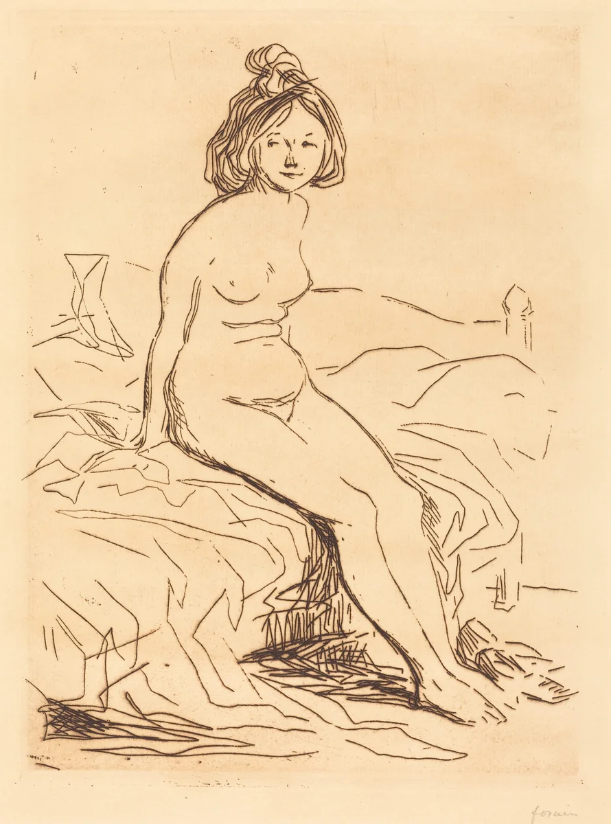 Femme nue, assise sur son lit, de face (Nude Woman, Seated on Her Bed, Front View) by Jean-Louis Forain, print, 1909