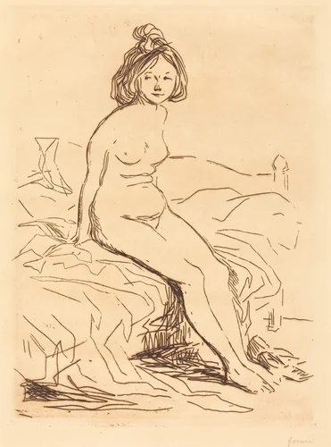 Femme nue, assise sur son lit, de face (Nude Woman, Seated on Her Bed, Front View) by Jean-Louis Forain, print, 1909