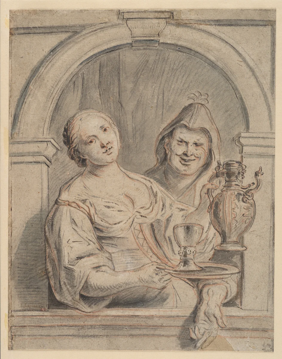 The Young Woman and the Jester by Jacob Jordaens, drawing, 1637-1653