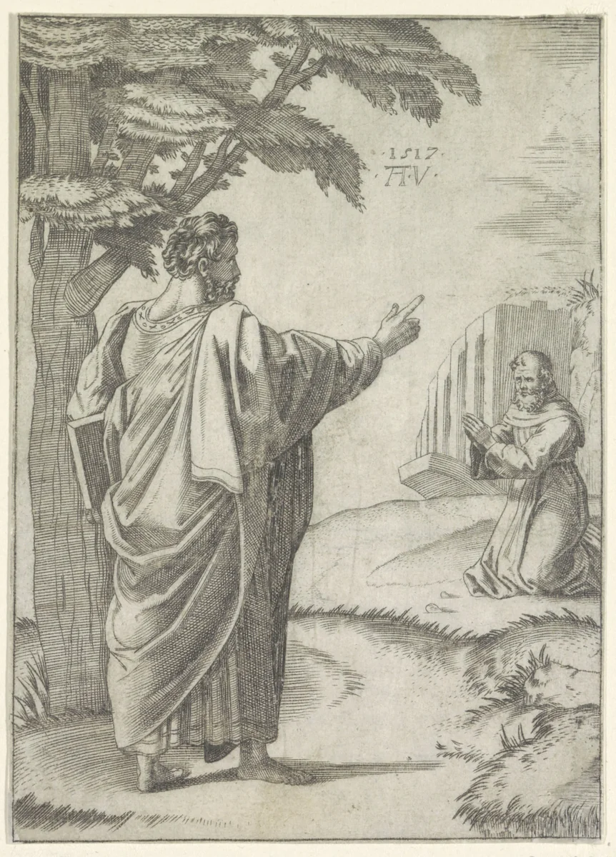 Heilige Paulus en een Franciscaner monnik by Unknown, print, 1517