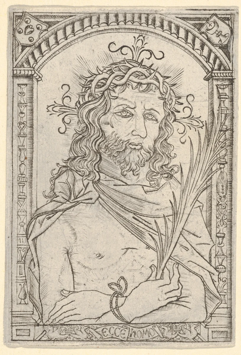 Christ as the man of sorrows set within an ornate frame by Nicoletto da Modena, print, 1495-1505