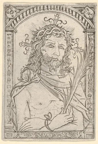 Christ as the man of sorrows set within an ornate frame by Nicoletto da Modena, print, 1495-1505