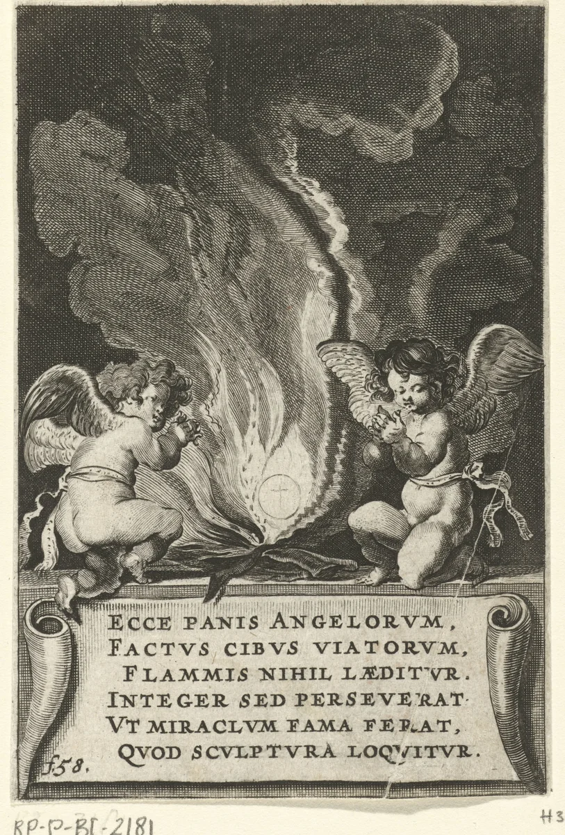 Twee engelen bij vuur met ongeschonden hostie by anonymous, print, 1639-1689
