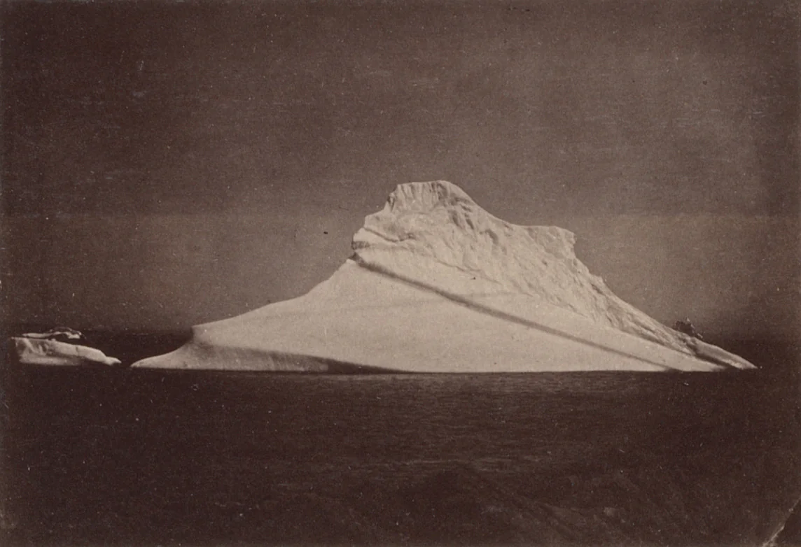 "The 'Gorilla Iceberg', showing the remarkable action of the water, producing a perfect profile of a gorilla's face." by George P. Critcherson, John L. Dunmore, William Bradford, photograph, 1869