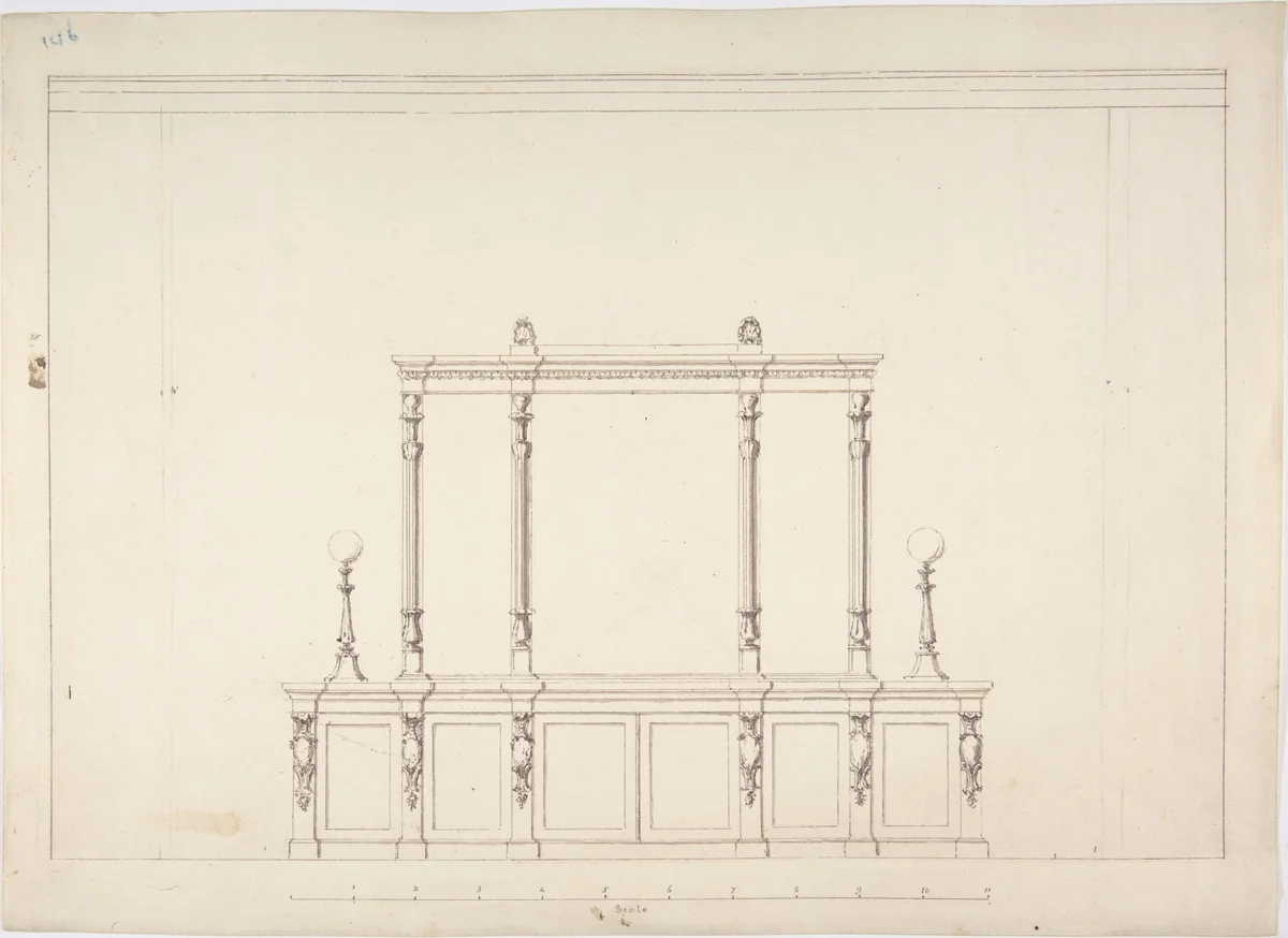 Design for a Cabinet with Renaissance Ornament and Lamps by anonymous, drawing, 1800-1850