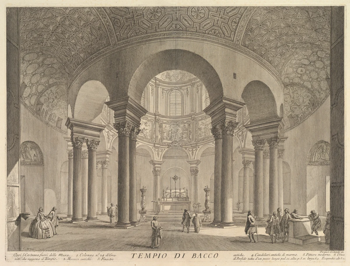 S. Constanza (erroneously callled Temple of Bacchus) (Veduta interna del Sepolcro di S. Constanza, fabbricato da Costantino Magno, ed erroneamente detto il Tempio di Bacco, inoggi Chiesa della medisme Santa), from "Vedute di Roma" by Giovanni Battista Piranesi, print, 1751-1761