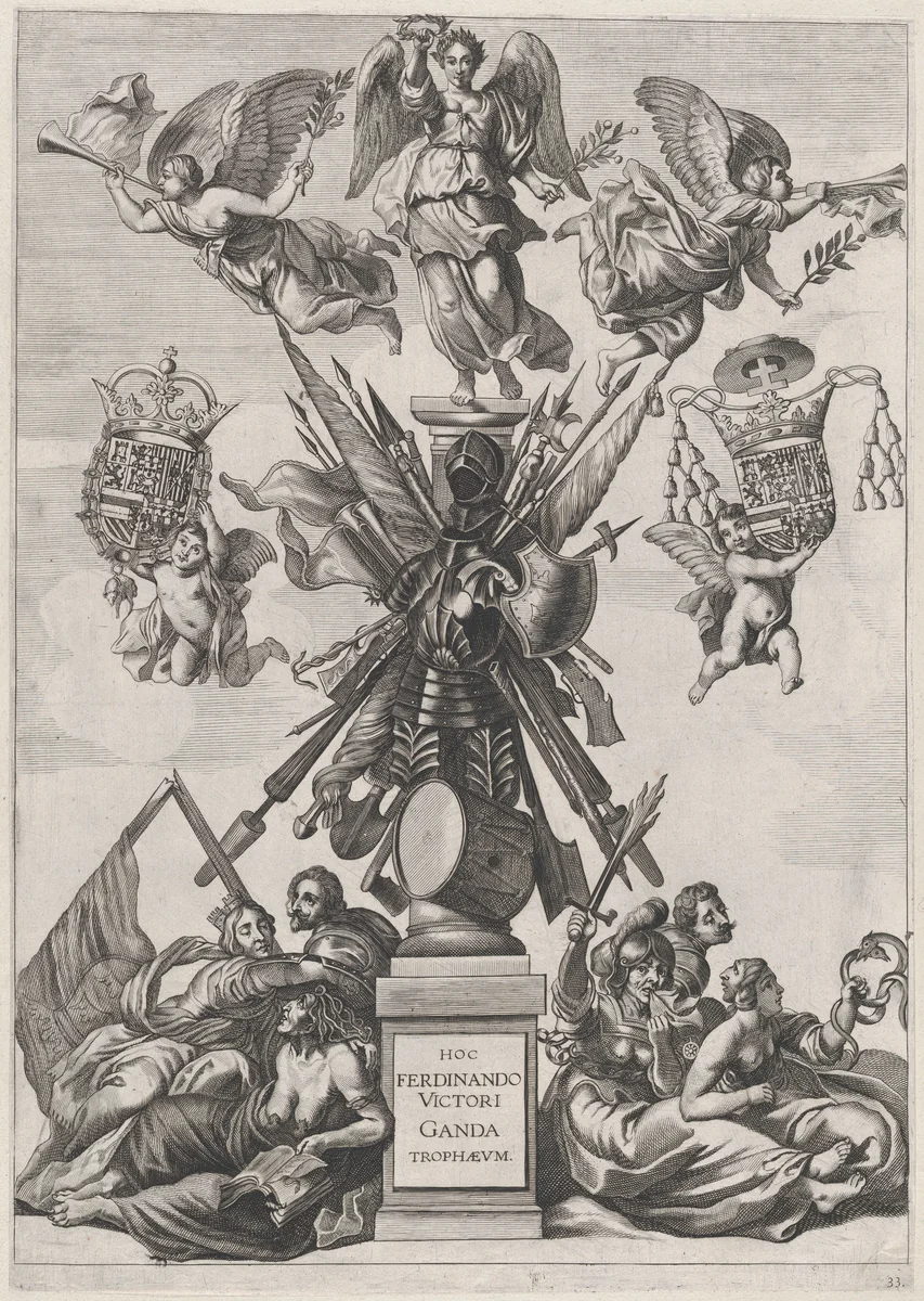 Plate 33: Armorial trophy on a Tuscan column, surrounded by allegorical figures and cherubs bearing the armorial shields of Ferdinand; from Guillielmus Becanus's 'Serenissimi Principis Ferdinandi, Hispaniarum Infantis...' by Johannes Meursius, print, 1636