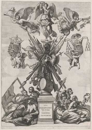 Plate 33: Armorial trophy on a Tuscan column, surrounded by allegorical figures and cherubs bearing the armorial shields of Ferdinand; from Guillielmus Becanus's 'Serenissimi Principis Ferdinandi, Hispaniarum Infantis...' by Johannes Meursius, print, 1636