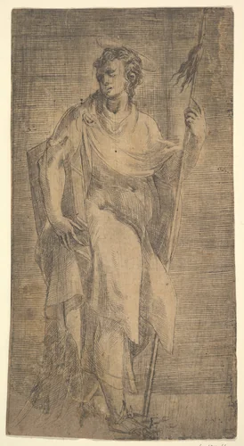 A saint, possibly Matthew, holding a staff and a book by Andrea Schiavone, print, 1535-1545