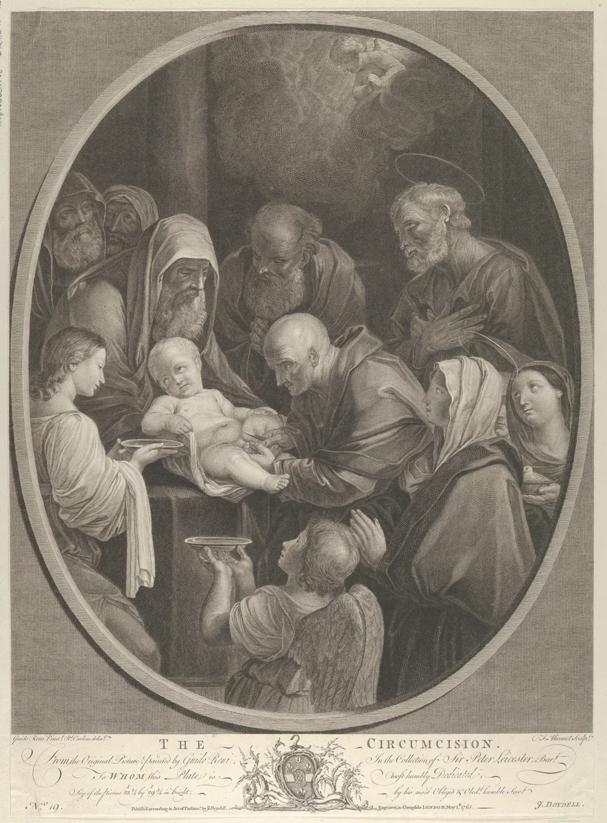 The Circumcision of Christ, a group of men and women surrounding him, an angel in the foreground, after Reni by François Germain Aliamet, print, 1765