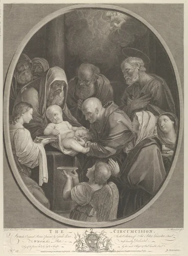 The Circumcision of Christ, a group of men and women surrounding him, an angel in the foreground, after Reni by François Germain Aliamet, print, 1765