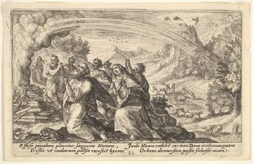 God enters into a covenant with Noah: next to a smoking pyre Noah kneels in a gesture of prayer, surrounded by members of his family, a rainbow stretches over them, from "Liber Genesis" by Crispijn de Passe, print, 1612