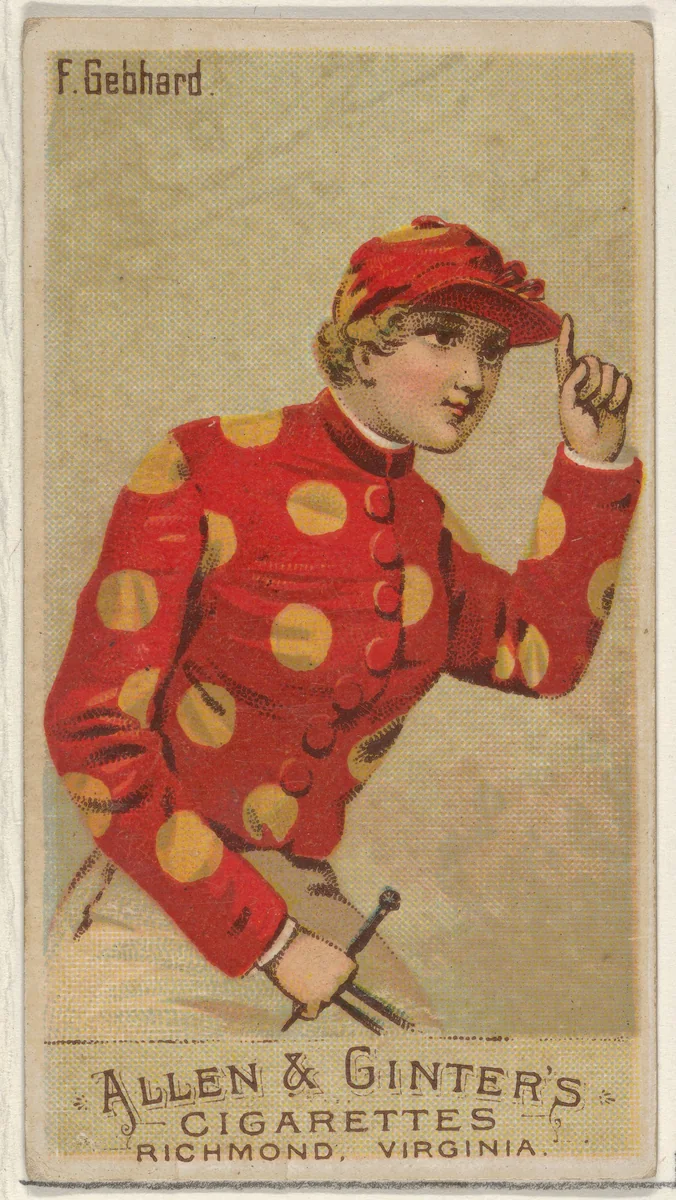 F. Gebhard, from the Racing Colors of the World series (N22a) for Allen & Ginter Cigarettes by Allen & Ginter, print, 1888