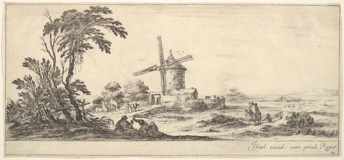 Plate 10: a family in center foreground, various figures and horses in middleground, a windmill in center background, from "Various Landscapes" (Divers Paysages) by Stefano della Bella, print, 1636-1646