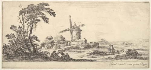 Plate 10: a family in center foreground, various figures and horses in middleground, a windmill in center background, from "Various Landscapes" (Divers Paysages) by Stefano della Bella, print, 1636-1646