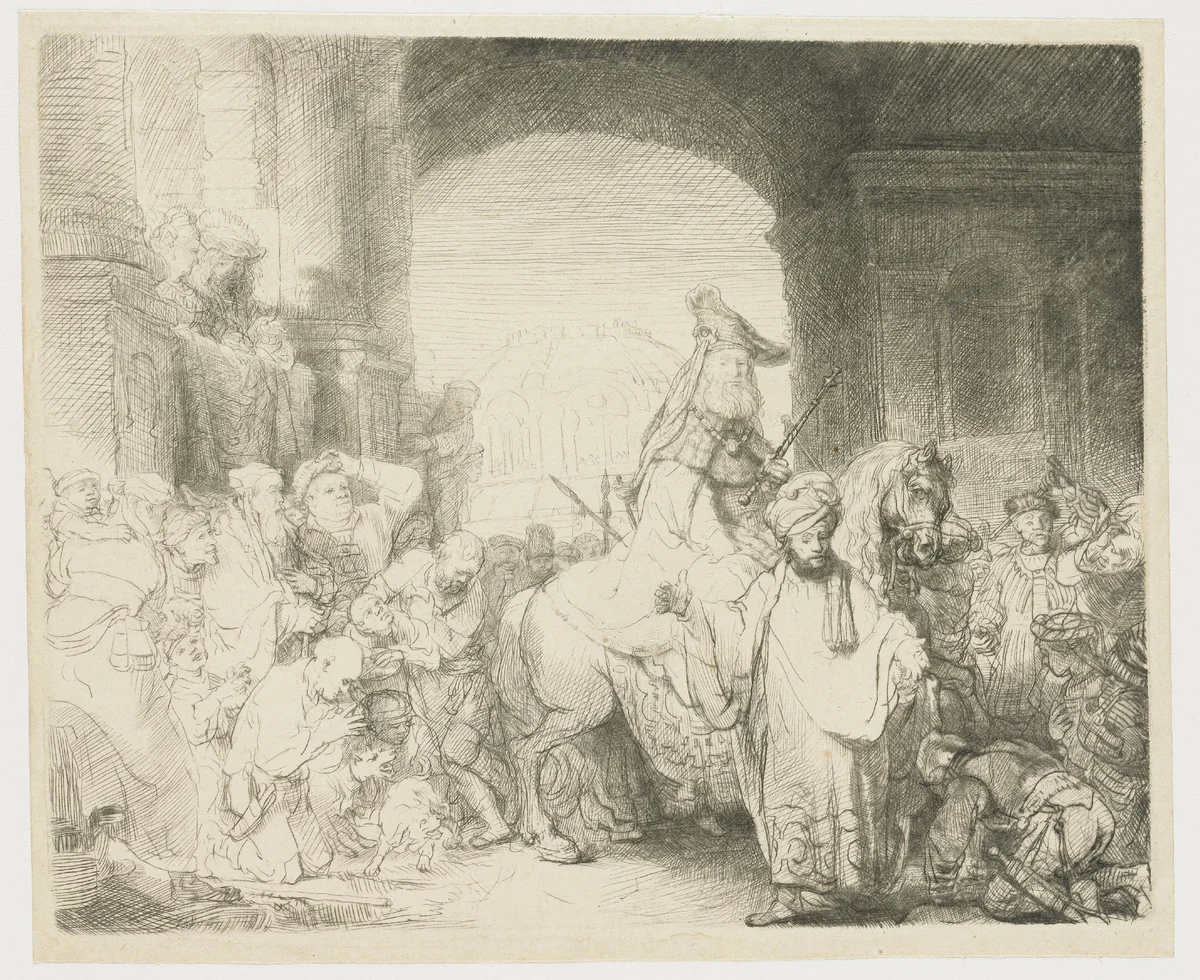 The triumph of Mordecai by Rembrandt van Rijn, print, 1641