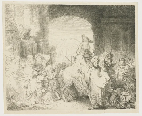 The triumph of Mordecai by Rembrandt van Rijn, print, 1641
