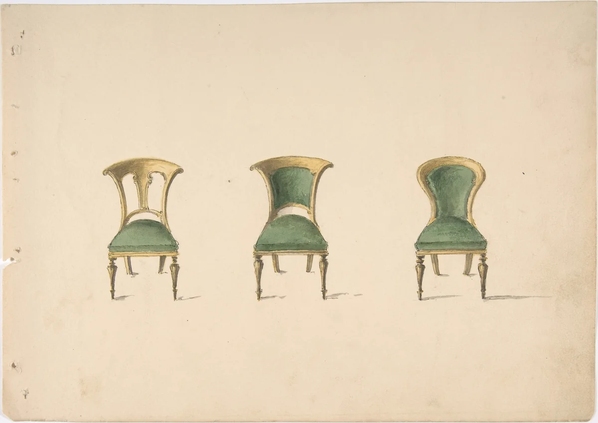 Design for Three Chairs with Green Upholstery by anonymous, drawing, 1800-1850