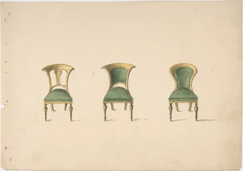 Design for Three Chairs with Green Upholstery by anonymous, drawing, 1800-1850
