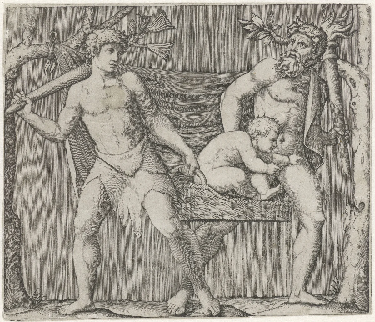 Twee fauns dragen een kind in een mand by Marcantonio Raimondi, print, 1513-1515