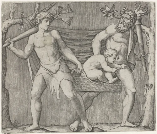 Twee fauns dragen een kind in een mand by Marcantonio Raimondi, print, 1513-1515