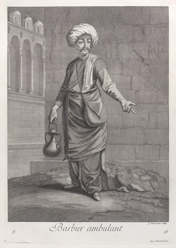 Barbier ambulant, plate 58 from "Recueil de cent estampes représentent differentes nations du Levant" by Jean Baptiste Vanmour, print, 1714-1715
