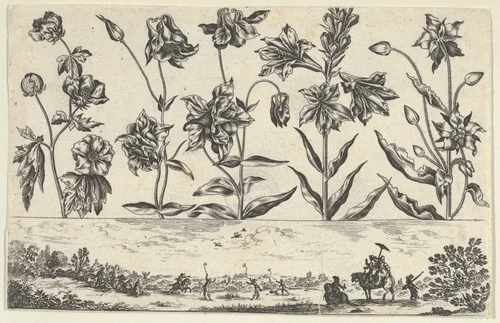 Horizontal Panel with a Row of Flowers Above a Frieze with a Hunting Scene in a Landscape, from "Livre Nouveau de Fleurs Tres-Util" by Nicolas Cochin, print, 1645