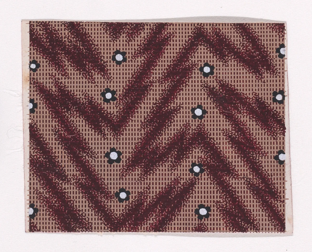 Textile Design with Rosettes and Pearls over a Checked Background with Zig-Zagging Lines by anonymous, drawing, 1840