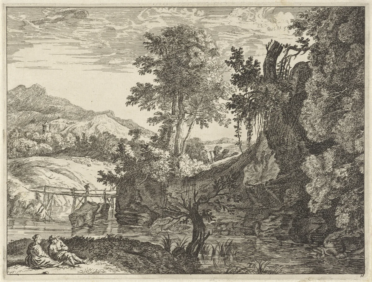 Landschap met twee rustende figuren by anonymous, print, 1633-1679