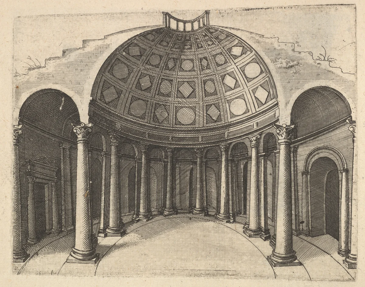 Cross-Section of Round Temple [Pinaculu Termar], from the series 'Ruinarum variarum fabricarum delineationes pictoribus caeterisque id genus artificibus multum utiles' by Lambert Suavius, book, 1554
