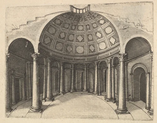 Cross-Section of Round Temple [Pinaculu Termar], from the series 'Ruinarum variarum fabricarum delineationes pictoribus caeterisque id genus artificibus multum utiles' by Lambert Suavius, book, 1554