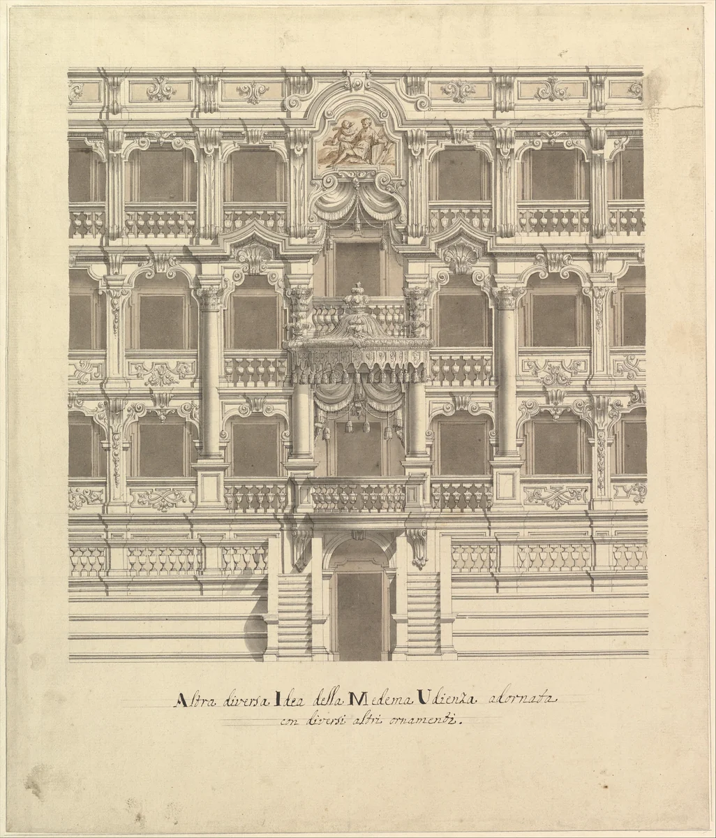 Views of a Theater (Bayreuth): Interior Elevation of the Theater Showing Royal Box by Giuseppe Galli Bibiena, drawing, 1696-1756