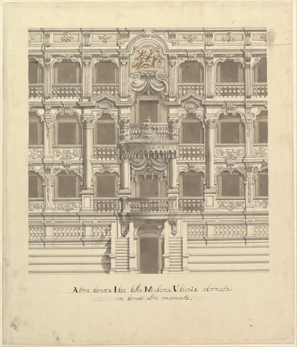 Views of a Theater (Bayreuth): Interior Elevation of the Theater Showing Royal Box by Giuseppe Galli Bibiena, drawing, 1696-1756